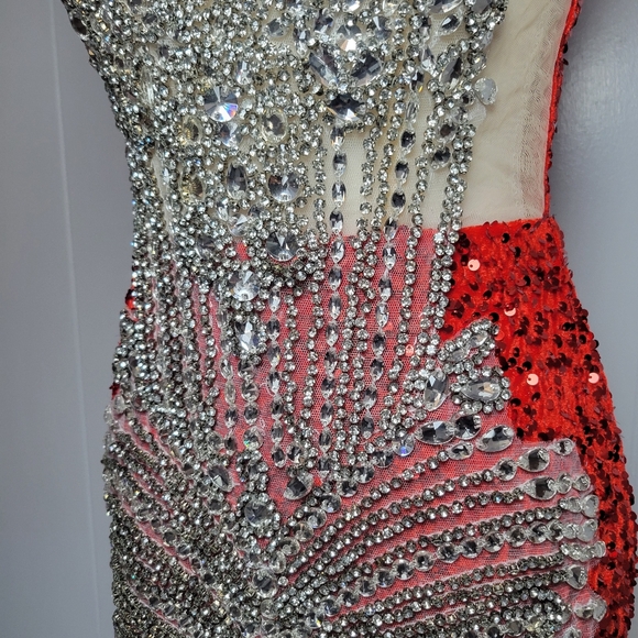 Silver Crystal Jeweled & Red Rhinestone Mesh Detail Formal Mini Dress Pageant S - Picture 7 of 15